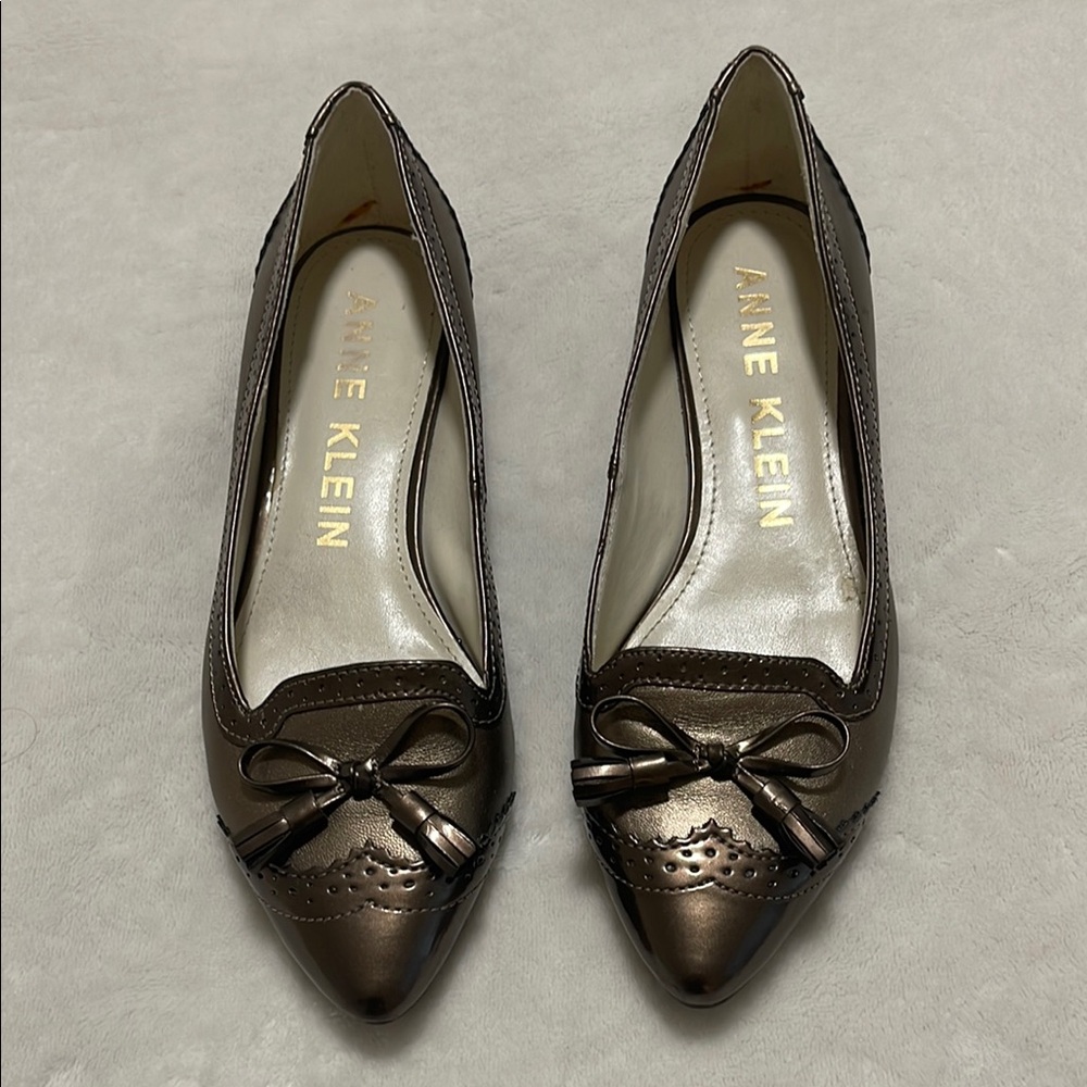 Anne Klein Metallic Brown Loafers with Bow Accent